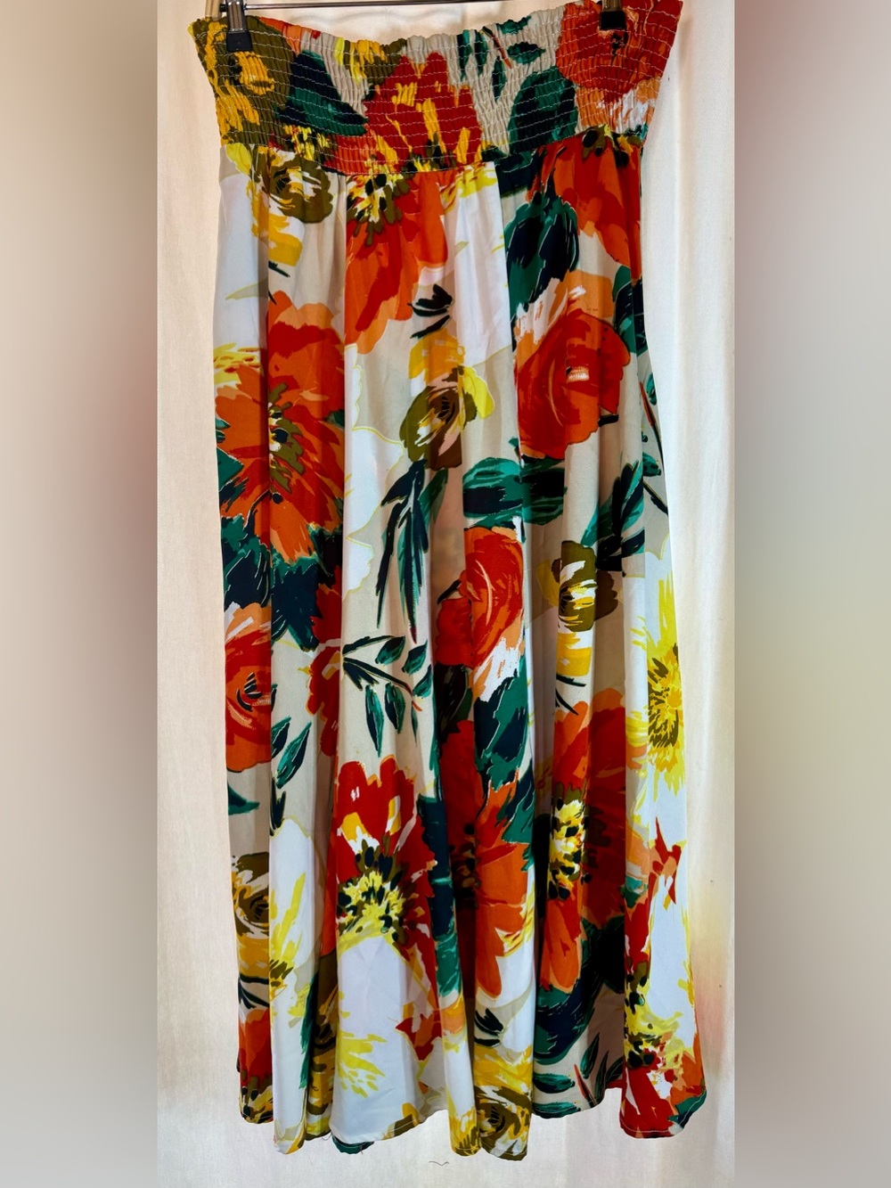 Smocked Waist Maxi Skirt in White with Red & Green Floral
